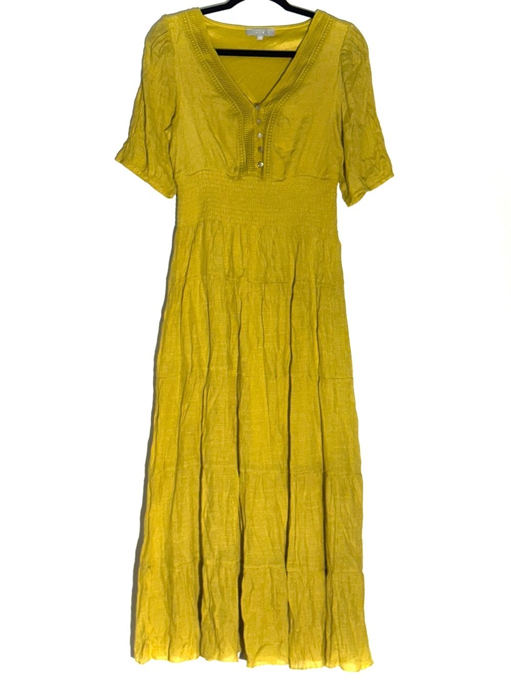 J. Gee Mustard Yellow Gauze Maxi Dress Smocked Boho Cottagecore Prairie Petite M